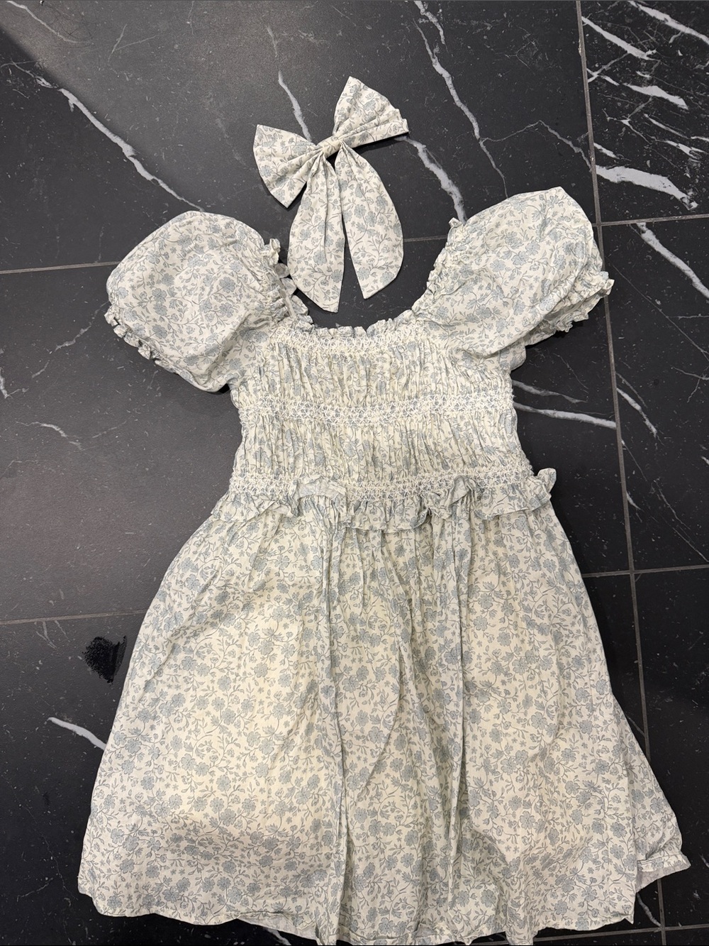 Floral Smocked Puff-Sleeve Kids Formal Dress in Light Blue